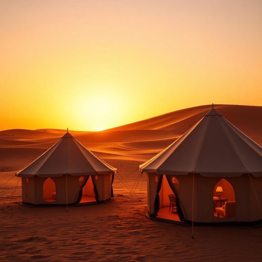 Luxury Sahara desert camp at sunset